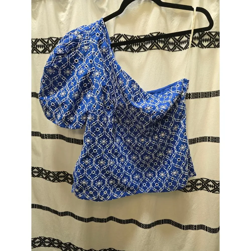 NWT Lilly Pulitzer Blue Grotto Flutter Eyelet one shoulder puff sleeve top‎ 16